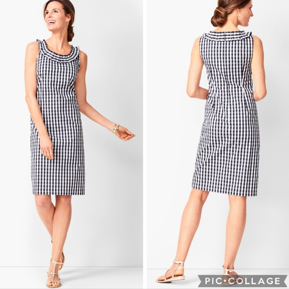 Talbots Pleat Neck Sheath Dress Navy Gingham Size 12 Ruffle Office Career Preppy